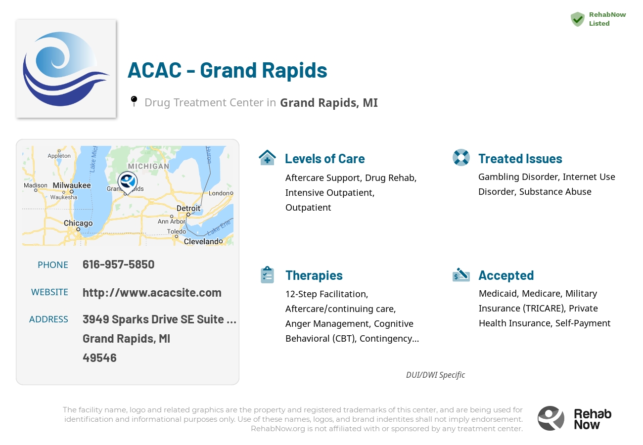 Helpful reference information for ACAC - Grand Rapids, a drug treatment center in Michigan located at: 3949 Sparks Drive SE Suite 103, Grand Rapids, MI 49546, including phone numbers, official website, and more. Listed briefly is an overview of Levels of Care, Therapies Offered, Issues Treated, and accepted forms of Payment Methods.