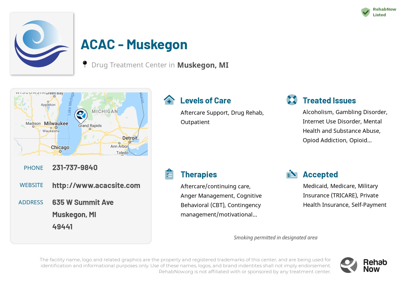 Helpful reference information for ACAC - Muskegon, a drug treatment center in Michigan located at: 635 W Summit Ave, Muskegon, MI 49441, including phone numbers, official website, and more. Listed briefly is an overview of Levels of Care, Therapies Offered, Issues Treated, and accepted forms of Payment Methods.