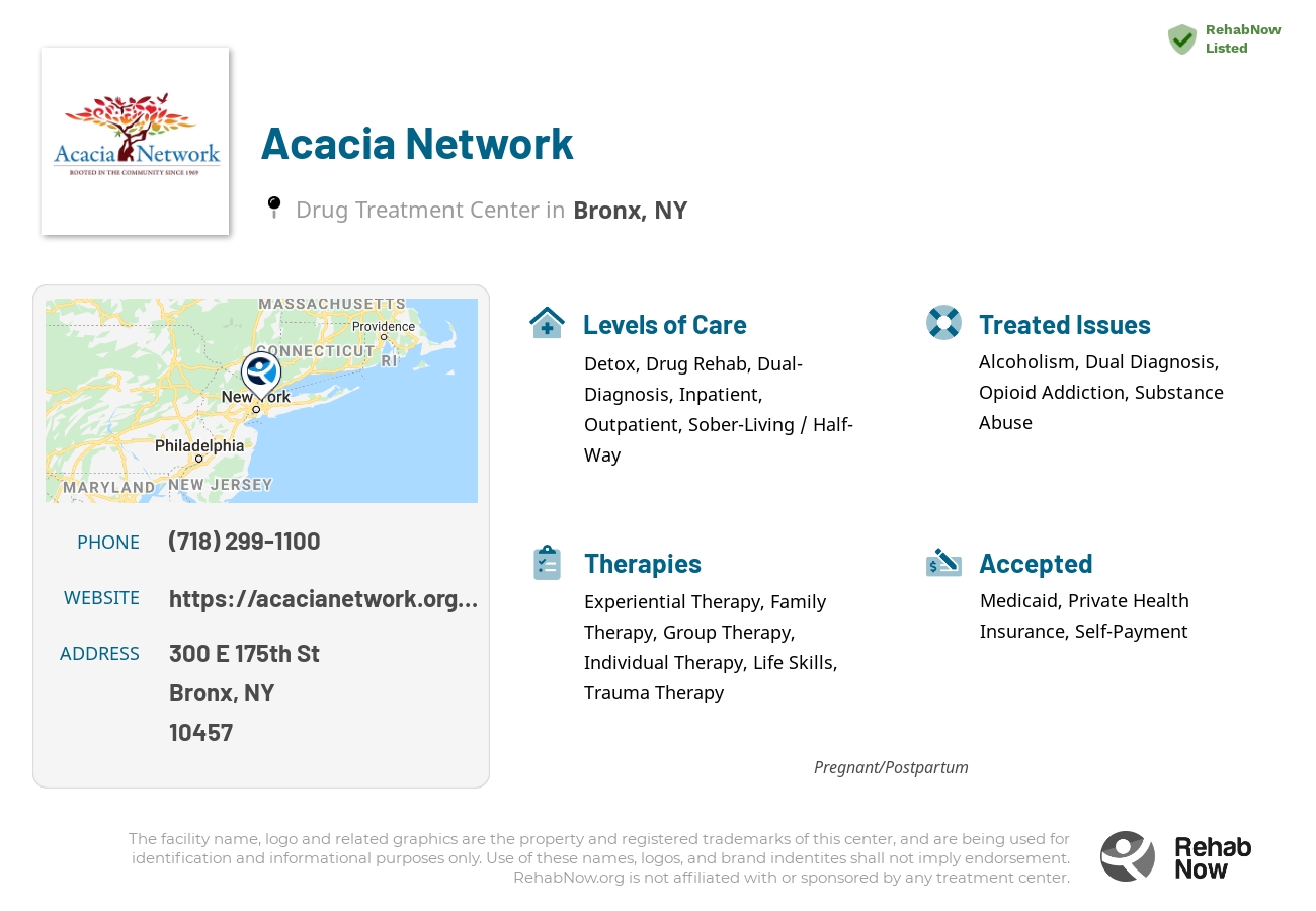 Helpful reference information for Acacia Network, a drug treatment center in New York located at: 300 E 175th St, Bronx, NY 10457, including phone numbers, official website, and more. Listed briefly is an overview of Levels of Care, Therapies Offered, Issues Treated, and accepted forms of Payment Methods.