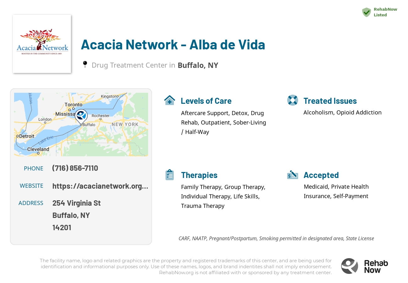 Helpful reference information for Acacia Network - Alba de Vida, a drug treatment center in New York located at: 254 Virginia St, Buffalo, NY 14201, including phone numbers, official website, and more. Listed briefly is an overview of Levels of Care, Therapies Offered, Issues Treated, and accepted forms of Payment Methods.