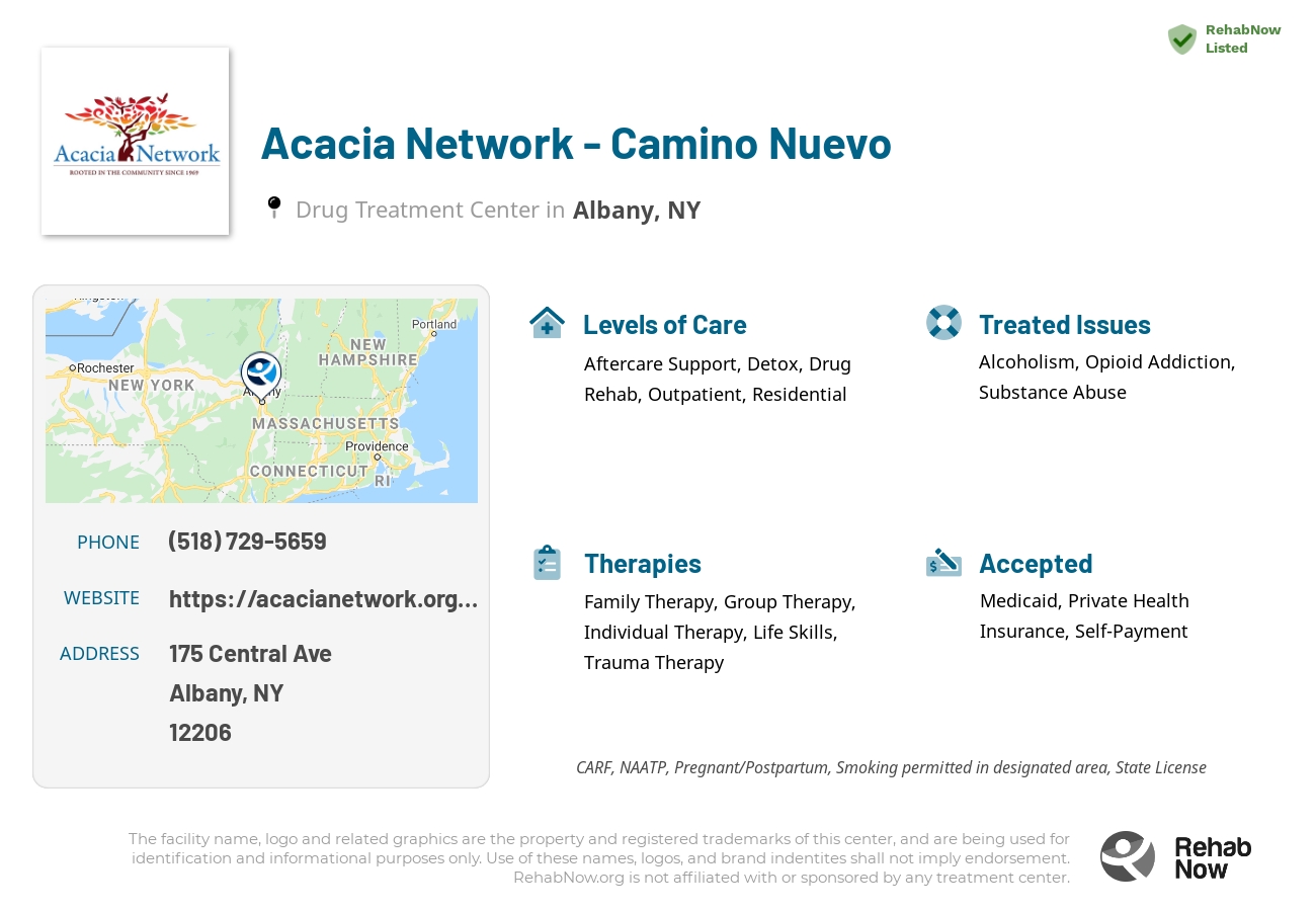 Helpful reference information for Acacia Network - Camino Nuevo, a drug treatment center in New York located at: 175 Central Ave, Albany, NY 12206, including phone numbers, official website, and more. Listed briefly is an overview of Levels of Care, Therapies Offered, Issues Treated, and accepted forms of Payment Methods.
