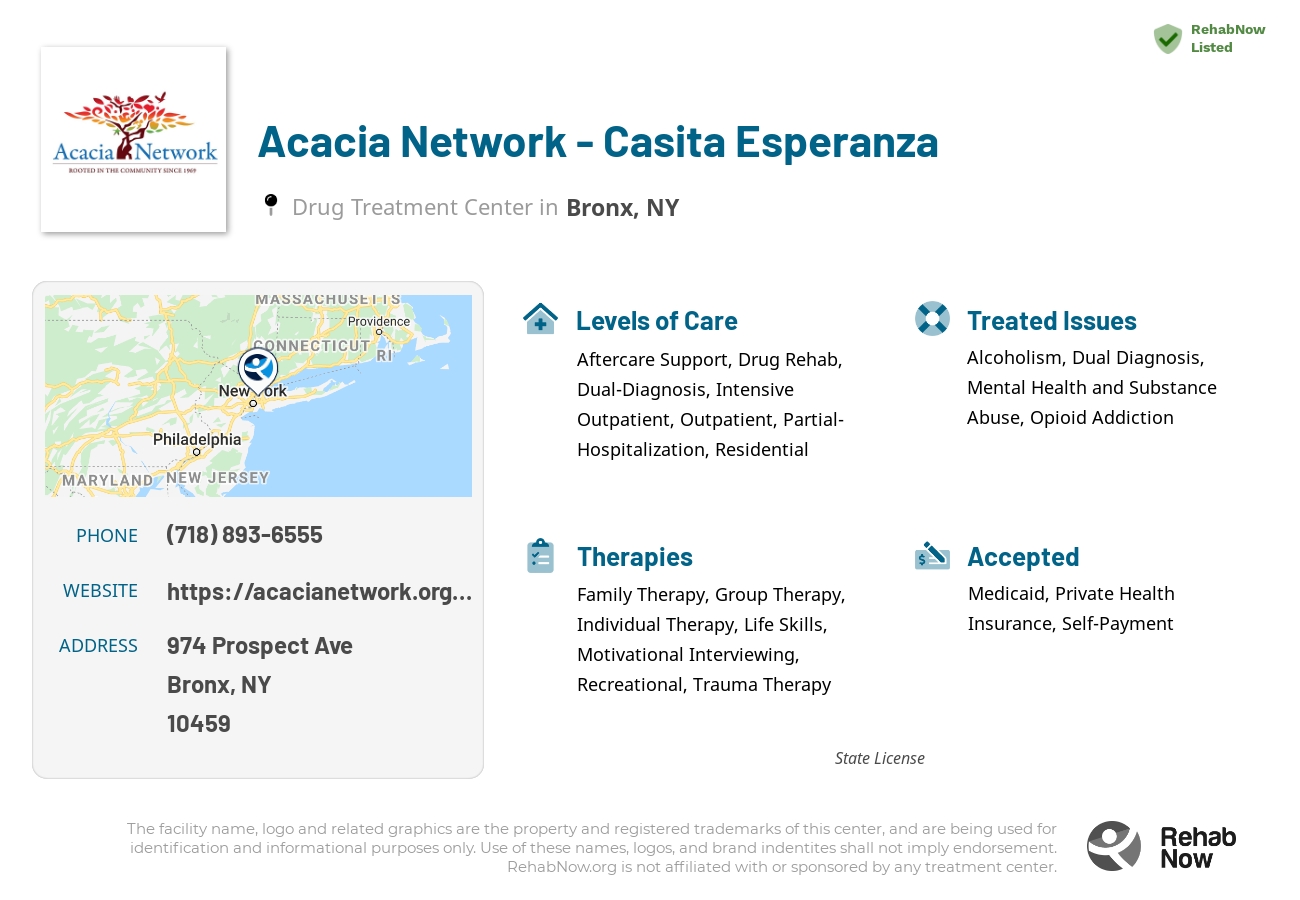 Helpful reference information for Acacia Network - Casita Esperanza, a drug treatment center in New York located at: 974 Prospect Ave, Bronx, NY 10459, including phone numbers, official website, and more. Listed briefly is an overview of Levels of Care, Therapies Offered, Issues Treated, and accepted forms of Payment Methods.