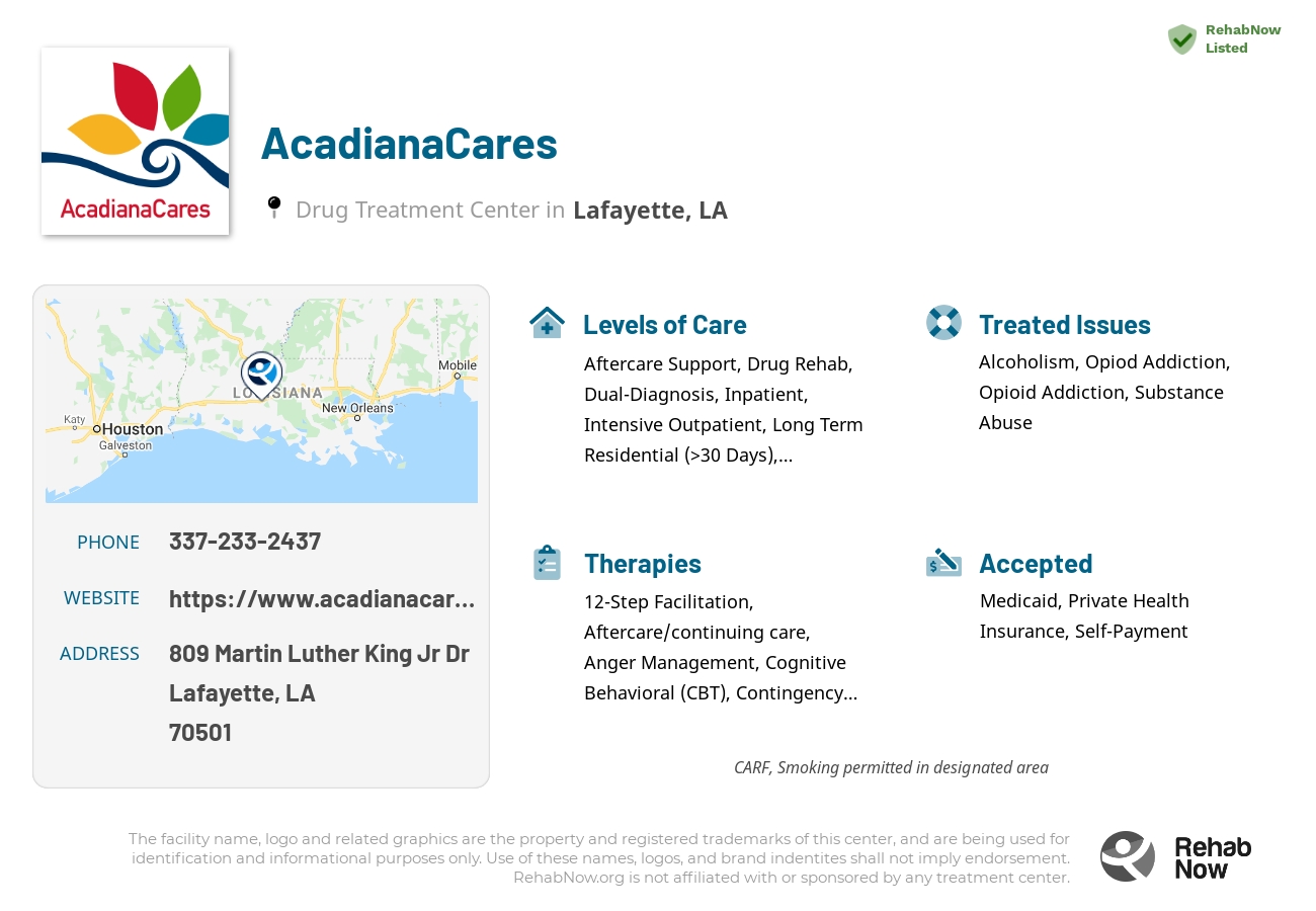 Helpful reference information for AcadianaCares, a drug treatment center in Louisiana located at: 809 Martin Luther King Jr Dr, Lafayette, LA 70501, including phone numbers, official website, and more. Listed briefly is an overview of Levels of Care, Therapies Offered, Issues Treated, and accepted forms of Payment Methods.
