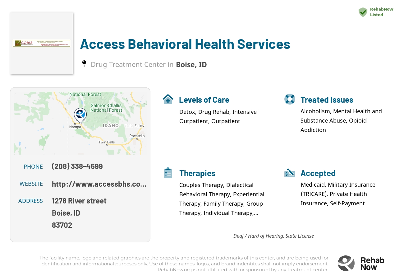 Helpful reference information for Access Behavioral Health Services, a drug treatment center in Idaho located at: 1276 River street, Boise, ID, 83702, including phone numbers, official website, and more. Listed briefly is an overview of Levels of Care, Therapies Offered, Issues Treated, and accepted forms of Payment Methods.