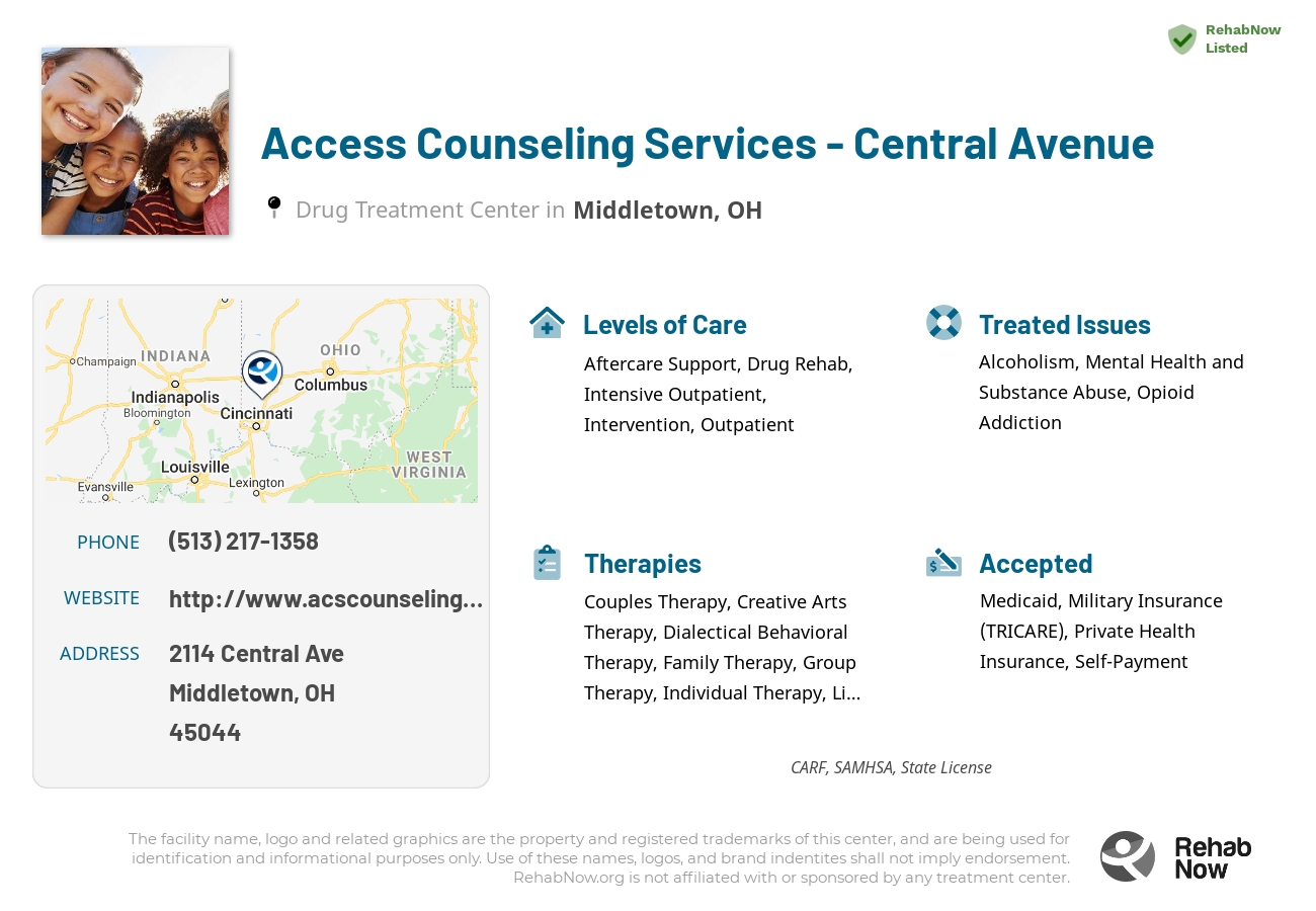 Helpful reference information for Access Counseling Services - Central Avenue, a drug treatment center in Ohio located at: 2114 Central Ave, Middletown, OH 45044, including phone numbers, official website, and more. Listed briefly is an overview of Levels of Care, Therapies Offered, Issues Treated, and accepted forms of Payment Methods.