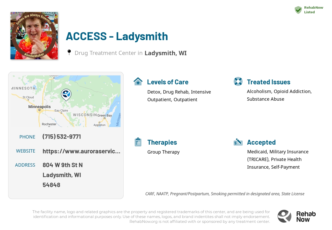 Helpful reference information for ACCESS - Ladysmith, a drug treatment center in Wisconsin located at: 804 W 9th St N, Ladysmith, WI 54848, including phone numbers, official website, and more. Listed briefly is an overview of Levels of Care, Therapies Offered, Issues Treated, and accepted forms of Payment Methods.