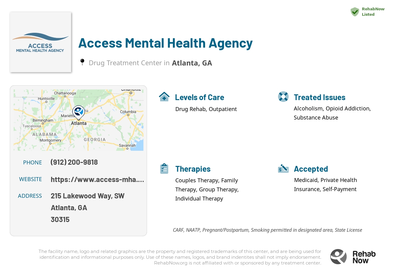 Helpful reference information for Access Mental Health Agency, a drug treatment center in Georgia located at: 215 215 Lakewood Way, SW, Atlanta, GA 30315, including phone numbers, official website, and more. Listed briefly is an overview of Levels of Care, Therapies Offered, Issues Treated, and accepted forms of Payment Methods.
