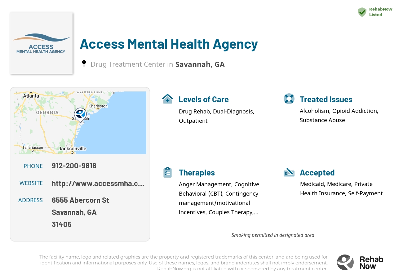 Helpful reference information for Access Mental Health Agency, a drug treatment center in Georgia located at: 6555 Abercorn St, Savannah, GA 31405, including phone numbers, official website, and more. Listed briefly is an overview of Levels of Care, Therapies Offered, Issues Treated, and accepted forms of Payment Methods.