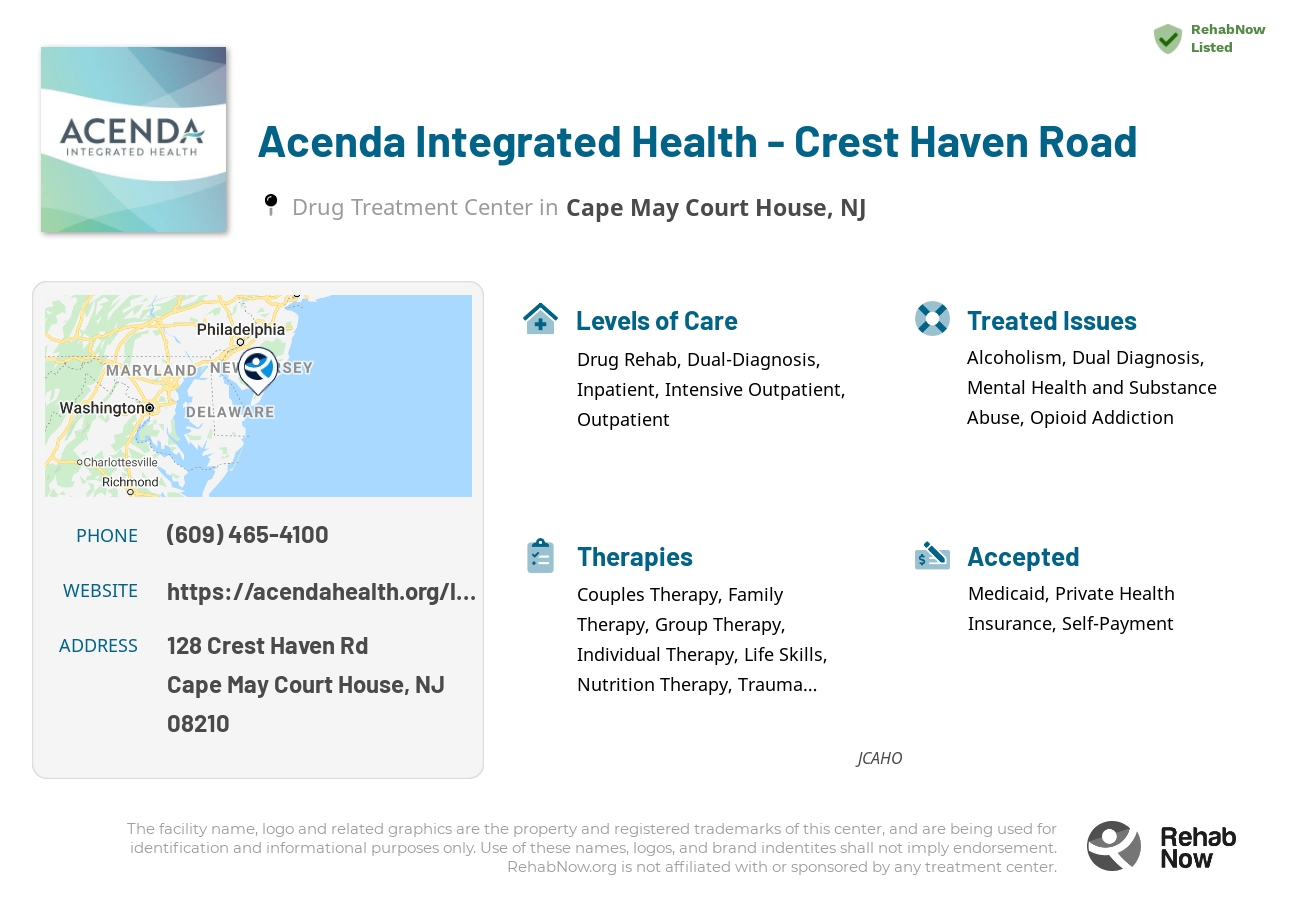 Helpful reference information for Acenda Integrated Health - Crest Haven Road, a drug treatment center in New Jersey located at: 128 Crest Haven Rd, Cape May Court House, NJ 08210, including phone numbers, official website, and more. Listed briefly is an overview of Levels of Care, Therapies Offered, Issues Treated, and accepted forms of Payment Methods.