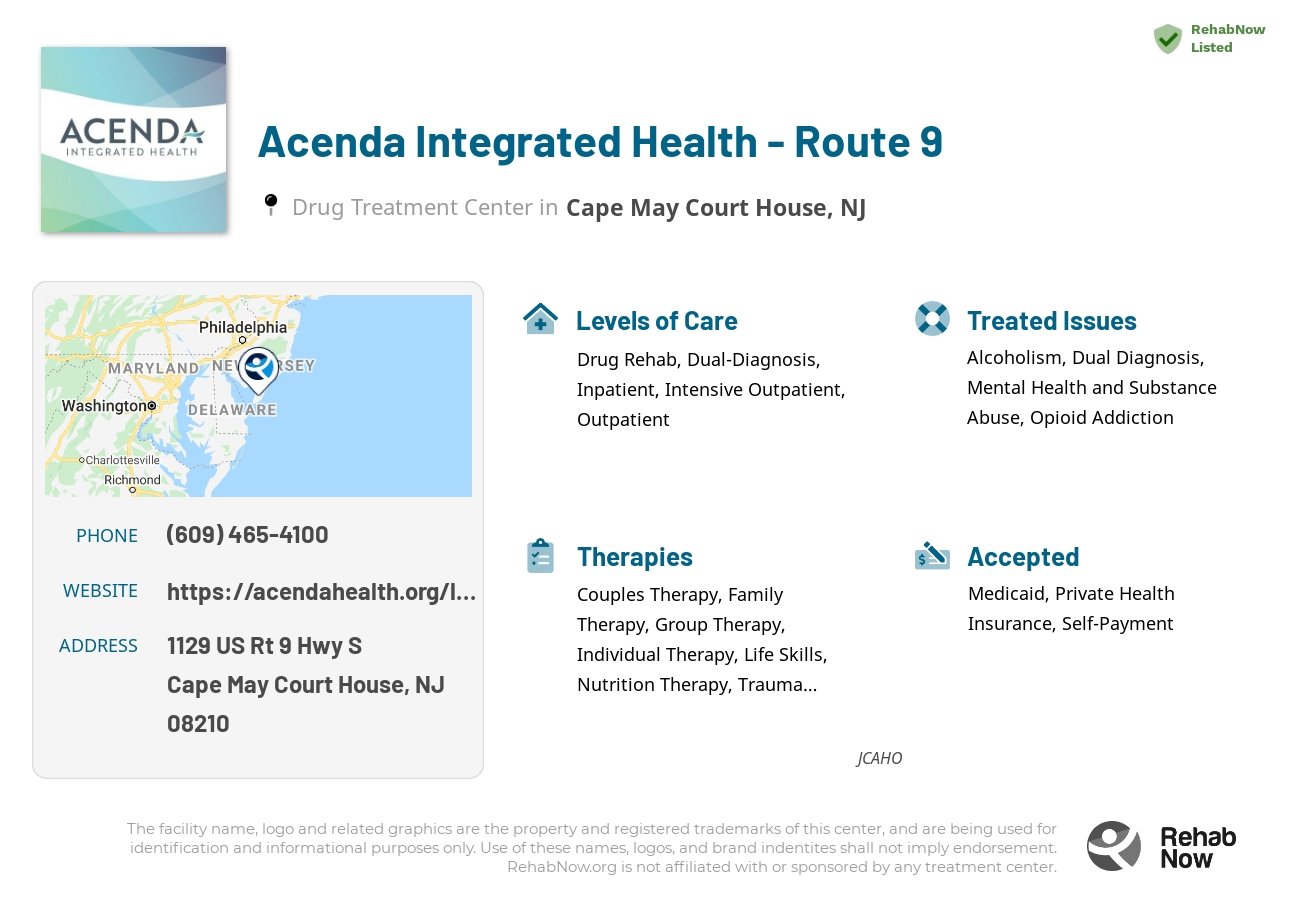 Helpful reference information for Acenda Integrated Health - Route 9, a drug treatment center in New Jersey located at: 1129 US Rt 9 Hwy S, Cape May Court House, NJ 08210, including phone numbers, official website, and more. Listed briefly is an overview of Levels of Care, Therapies Offered, Issues Treated, and accepted forms of Payment Methods.