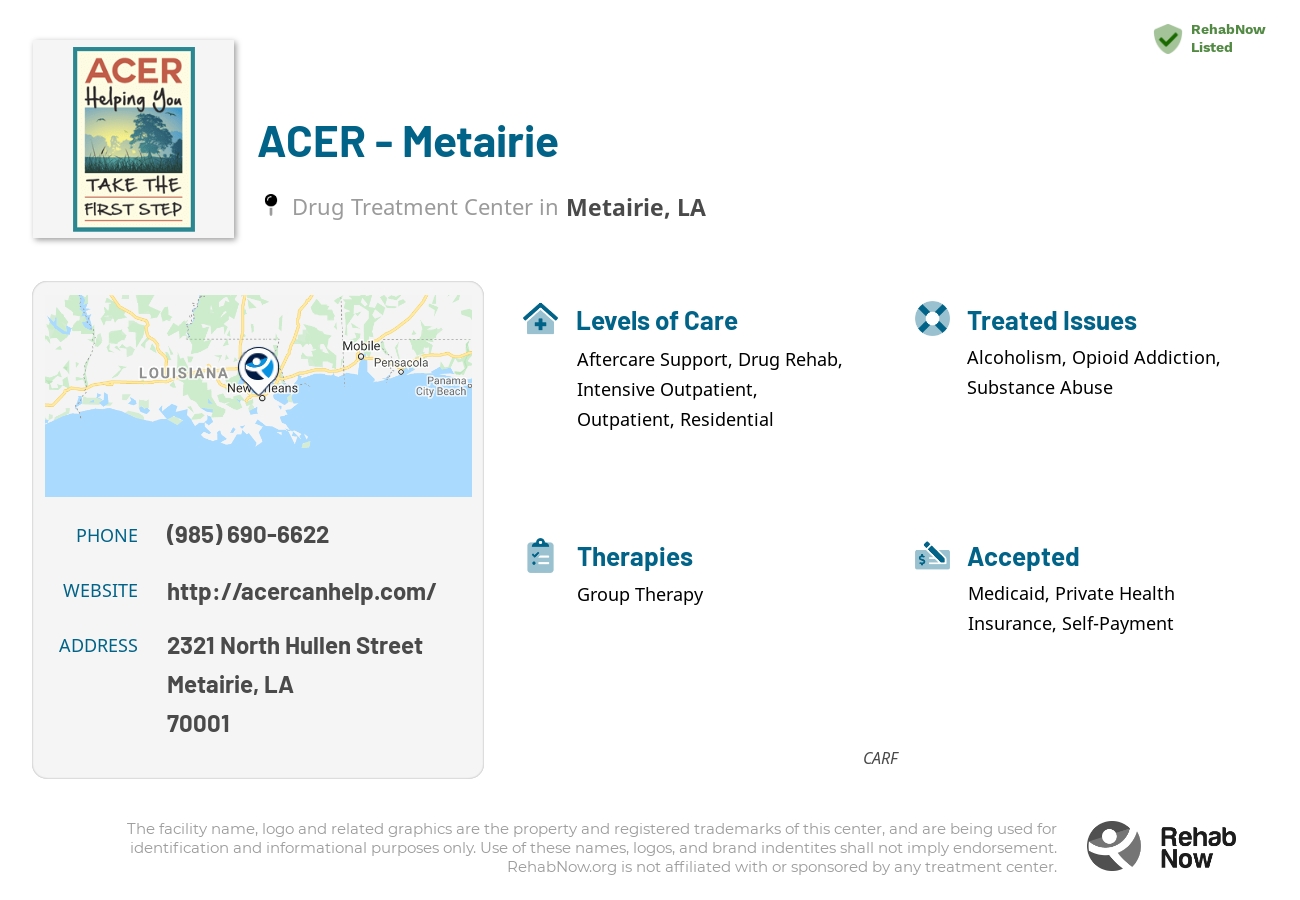 Helpful reference information for ACER - Metairie, a drug treatment center in Louisiana located at: 2321 2321 North Hullen Street, Metairie, LA 70001, including phone numbers, official website, and more. Listed briefly is an overview of Levels of Care, Therapies Offered, Issues Treated, and accepted forms of Payment Methods.