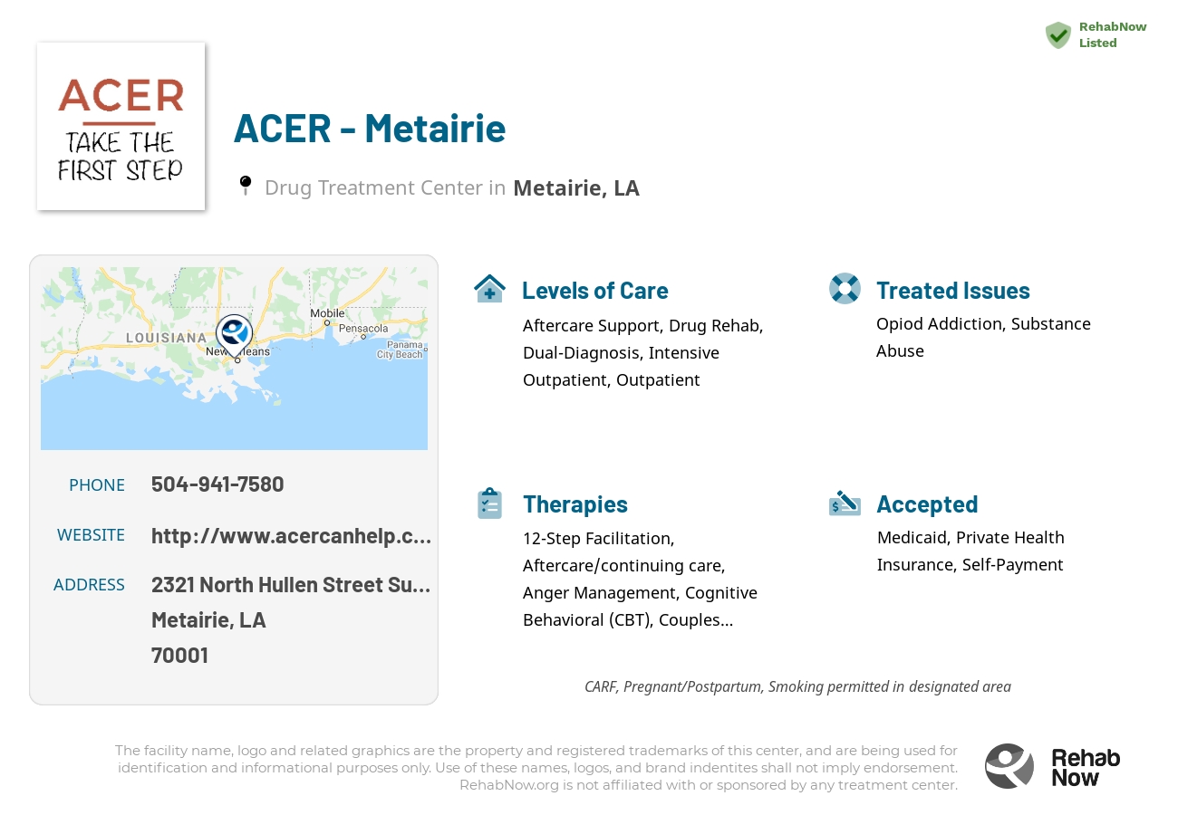 Helpful reference information for ACER - Metairie, a drug treatment center in Louisiana located at: 2321 North Hullen Street Suite B, Metairie, LA 70001, including phone numbers, official website, and more. Listed briefly is an overview of Levels of Care, Therapies Offered, Issues Treated, and accepted forms of Payment Methods.