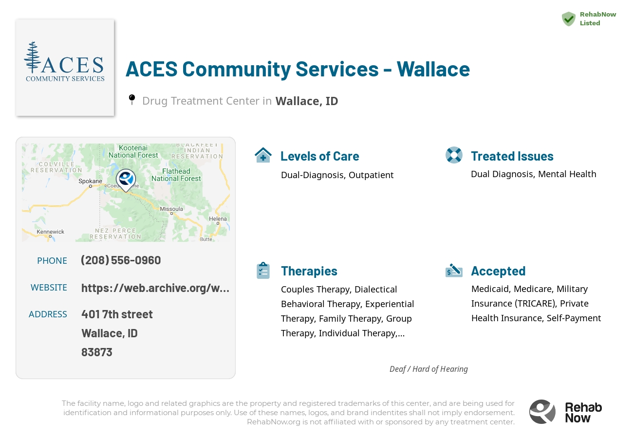 Helpful reference information for ACES Community Services - Wallace, a drug treatment center in Idaho located at: 401 401 7th street, Wallace, ID 83873, including phone numbers, official website, and more. Listed briefly is an overview of Levels of Care, Therapies Offered, Issues Treated, and accepted forms of Payment Methods.