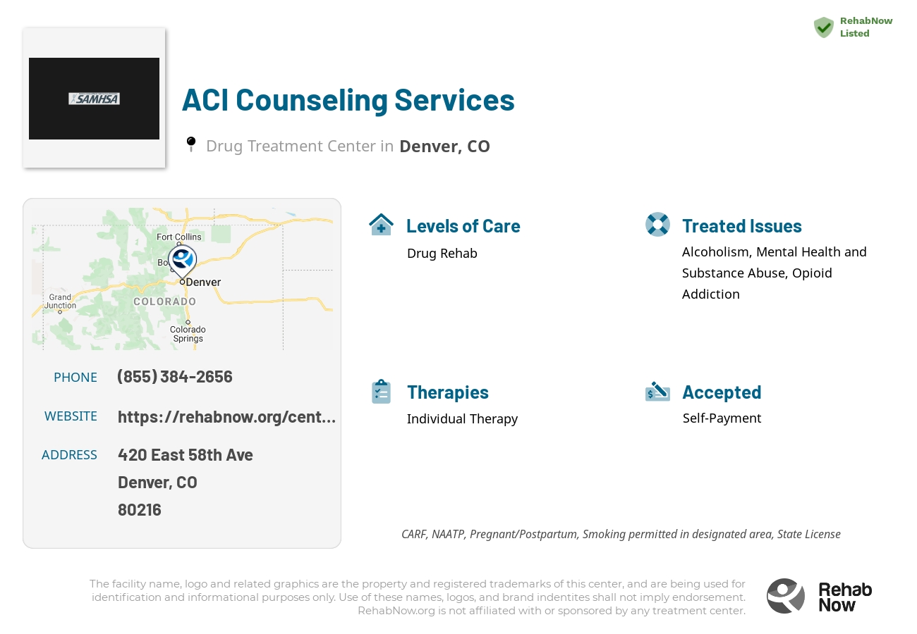 Helpful reference information for ACI Counseling Services, a drug treatment center in Colorado located at: 420 East 58th Ave, Denver, CO, 80216, including phone numbers, official website, and more. Listed briefly is an overview of Levels of Care, Therapies Offered, Issues Treated, and accepted forms of Payment Methods.