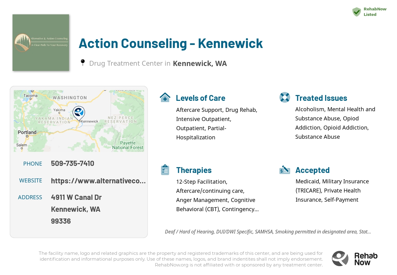Helpful reference information for Action Counseling - Kennewick, a drug treatment center in Washington located at: 4911 W Canal Dr, Kennewick, WA 99336, including phone numbers, official website, and more. Listed briefly is an overview of Levels of Care, Therapies Offered, Issues Treated, and accepted forms of Payment Methods.