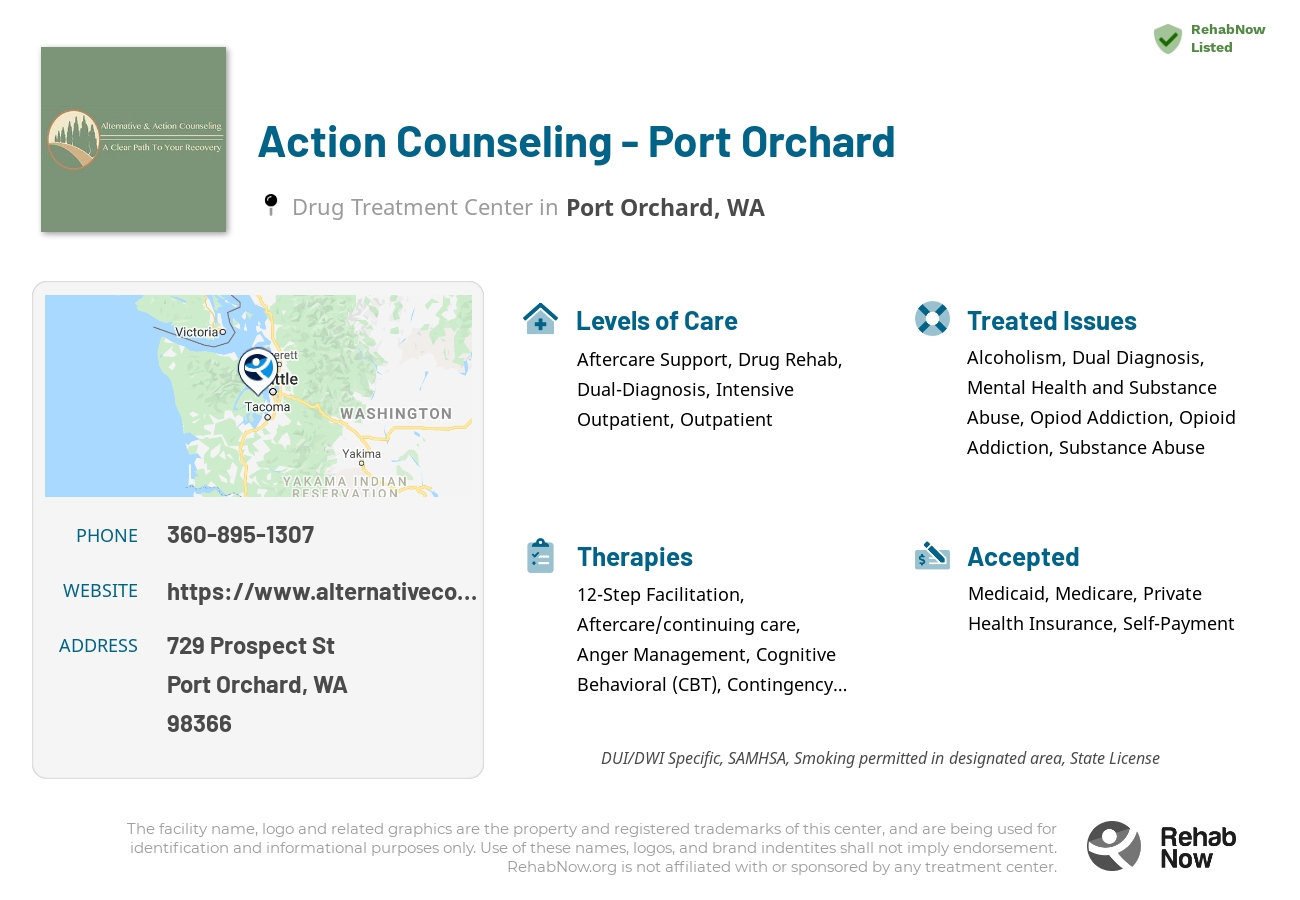 Helpful reference information for Action Counseling - Port Orchard, a drug treatment center in Washington located at: 729 Prospect St, Port Orchard, WA 98366, including phone numbers, official website, and more. Listed briefly is an overview of Levels of Care, Therapies Offered, Issues Treated, and accepted forms of Payment Methods.