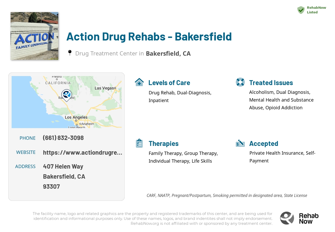 Helpful reference information for Action Drug Rehabs - Bakersfield, a drug treatment center in California located at: 407 Helen Way, Bakersfield, CA 93307, including phone numbers, official website, and more. Listed briefly is an overview of Levels of Care, Therapies Offered, Issues Treated, and accepted forms of Payment Methods.