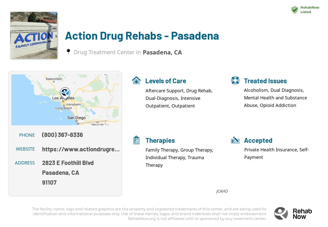 Helpful reference information for Action Drug Rehabs - Pasadena, a drug treatment center in California located at: 2823 E Foothill Blvd, Pasadena, CA 91107, including phone numbers, official website, and more. Listed briefly is an overview of Levels of Care, Therapies Offered, Issues Treated, and accepted forms of Payment Methods.
