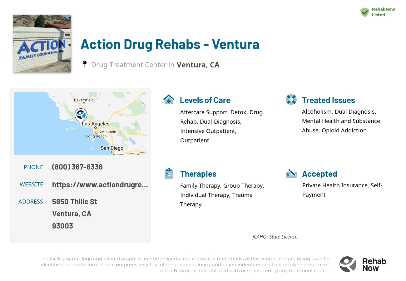 Helpful reference information for Action Drug Rehabs - Ventura, a drug treatment center in California located at: 5850 Thille St, Ventura, CA 93003, including phone numbers, official website, and more. Listed briefly is an overview of Levels of Care, Therapies Offered, Issues Treated, and accepted forms of Payment Methods.