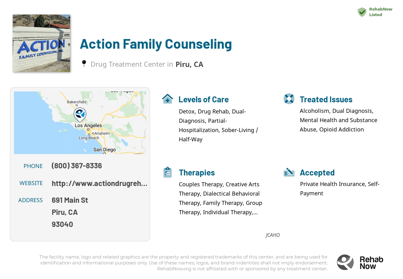 Helpful reference information for Action Family Counseling, a drug treatment center in California located at: 691 Main St, Piru, CA 93040, including phone numbers, official website, and more. Listed briefly is an overview of Levels of Care, Therapies Offered, Issues Treated, and accepted forms of Payment Methods.