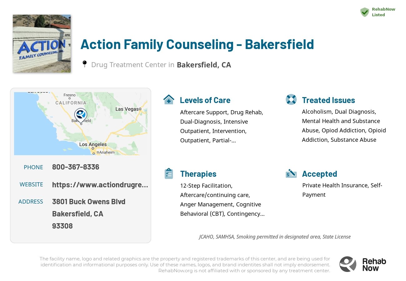 Helpful reference information for Action Family Counseling - Bakersfield, a drug treatment center in California located at: 3801 Buck Owens Blvd, Bakersfield, CA 93308, including phone numbers, official website, and more. Listed briefly is an overview of Levels of Care, Therapies Offered, Issues Treated, and accepted forms of Payment Methods.