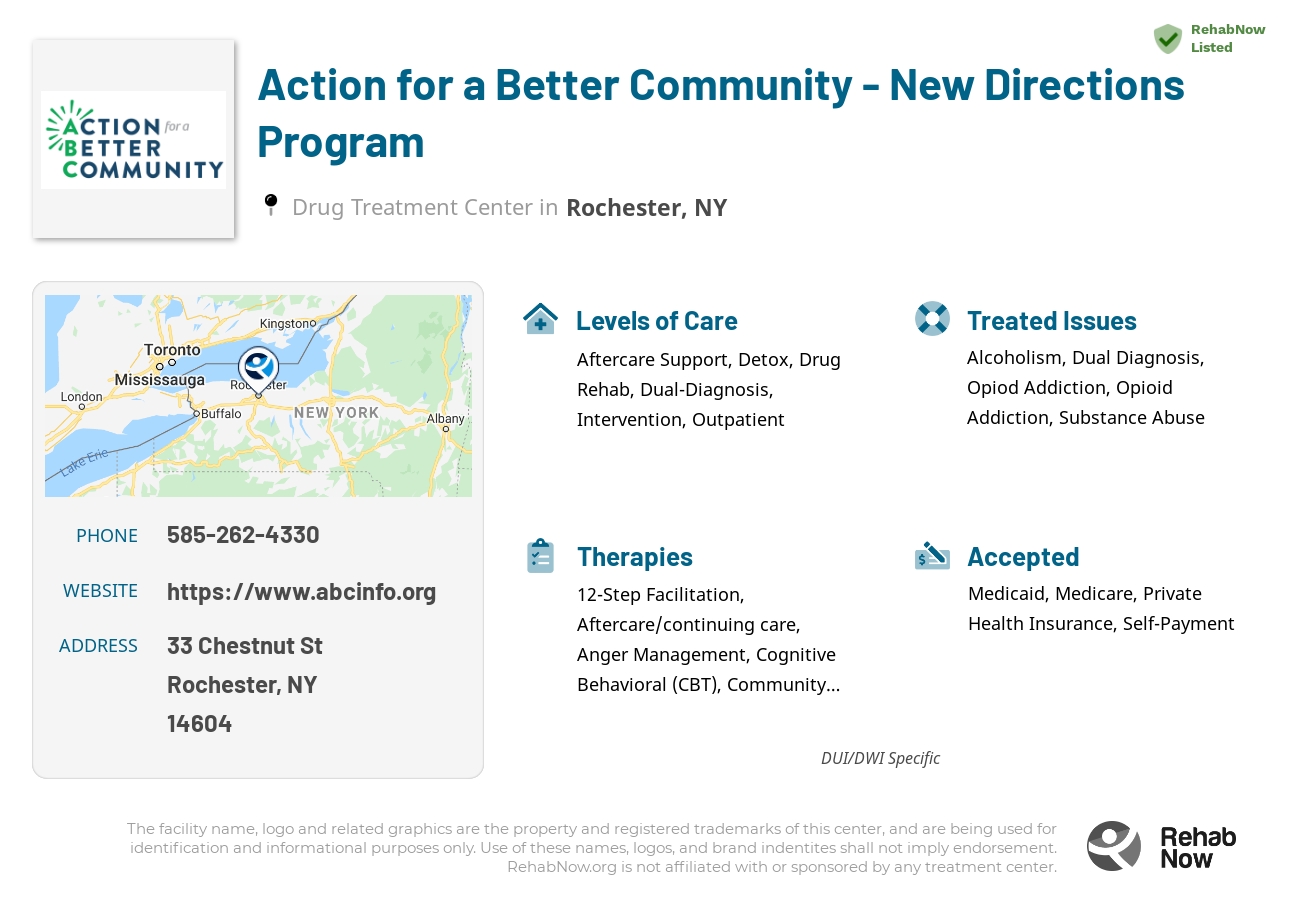 Helpful reference information for Action for a Better Community - New Directions Program, a drug treatment center in New York located at: 33 Chestnut St, Rochester, NY 14604, including phone numbers, official website, and more. Listed briefly is an overview of Levels of Care, Therapies Offered, Issues Treated, and accepted forms of Payment Methods.