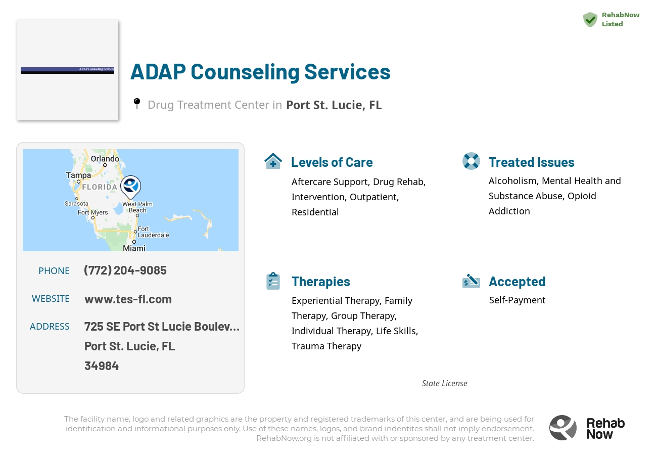 Helpful reference information for ADAP Counseling Services, a drug treatment center in Florida located at: 725 SE Port St Lucie Boulevard, Port St. Lucie, FL, 34984, including phone numbers, official website, and more. Listed briefly is an overview of Levels of Care, Therapies Offered, Issues Treated, and accepted forms of Payment Methods.