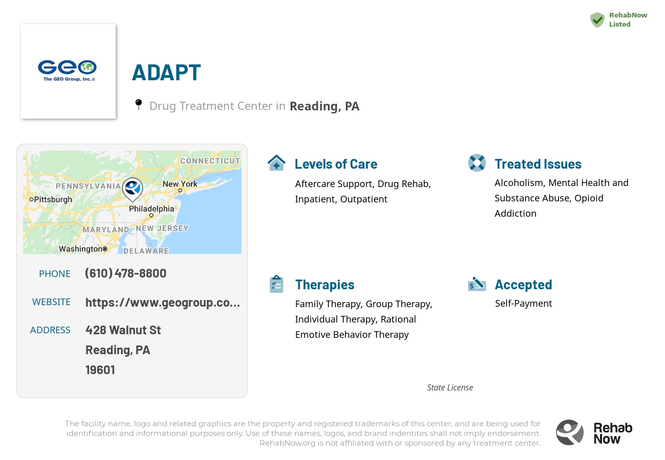Helpful reference information for ADAPT, a drug treatment center in Pennsylvania located at: 428 Walnut St, Reading, PA 19601, including phone numbers, official website, and more. Listed briefly is an overview of Levels of Care, Therapies Offered, Issues Treated, and accepted forms of Payment Methods.