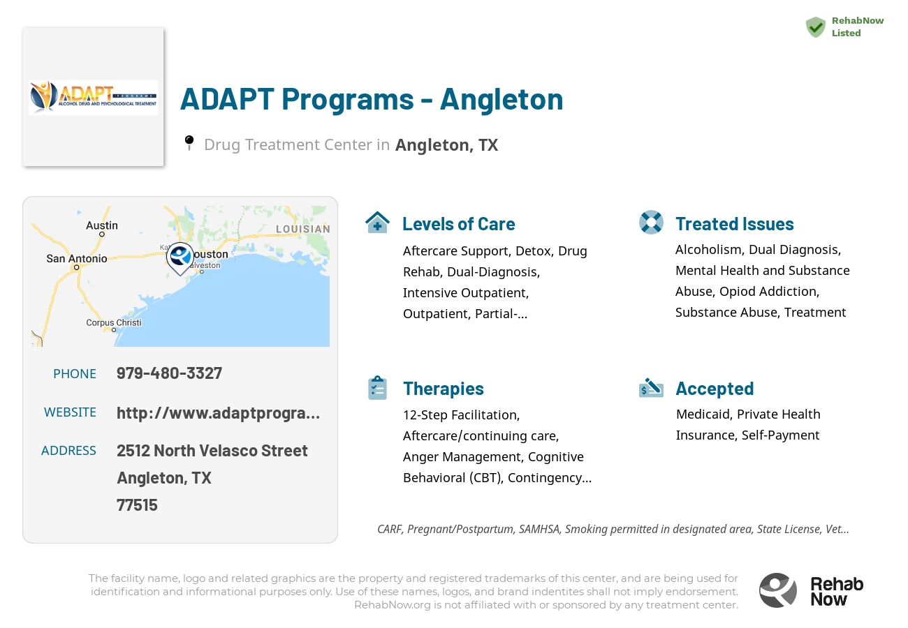 Helpful reference information for ADAPT Programs - Angleton, a drug treatment center in Texas located at: 2512 North Velasco Street, Angleton, TX, 77515, including phone numbers, official website, and more. Listed briefly is an overview of Levels of Care, Therapies Offered, Issues Treated, and accepted forms of Payment Methods.