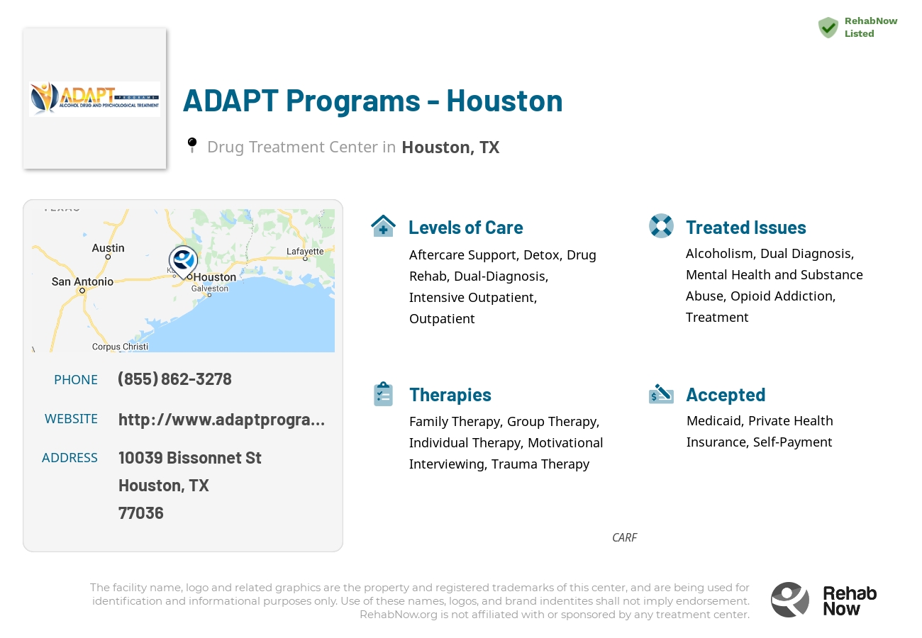 Helpful reference information for ADAPT Programs - Houston, a drug treatment center in Texas located at: 10039 Bissonnet St, Houston, TX 77036, including phone numbers, official website, and more. Listed briefly is an overview of Levels of Care, Therapies Offered, Issues Treated, and accepted forms of Payment Methods.