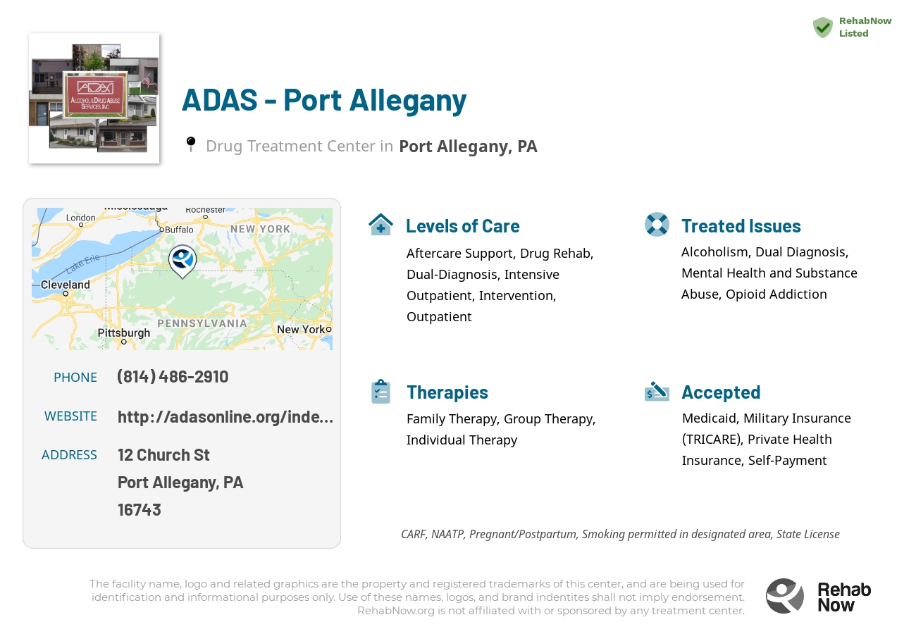 Helpful reference information for ADAS - Port Allegany, a drug treatment center in Pennsylvania located at: 12 Church St, Port Allegany, PA 16743, including phone numbers, official website, and more. Listed briefly is an overview of Levels of Care, Therapies Offered, Issues Treated, and accepted forms of Payment Methods.