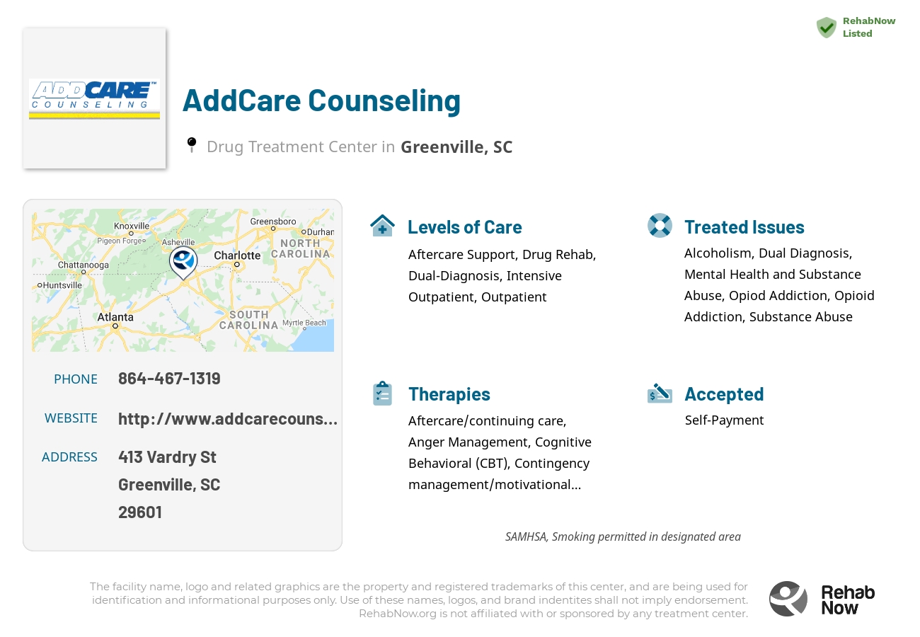 Helpful reference information for AddCare Counseling, a drug treatment center in South Carolina located at: 413 Vardry St, Greenville, SC 29601, including phone numbers, official website, and more. Listed briefly is an overview of Levels of Care, Therapies Offered, Issues Treated, and accepted forms of Payment Methods.