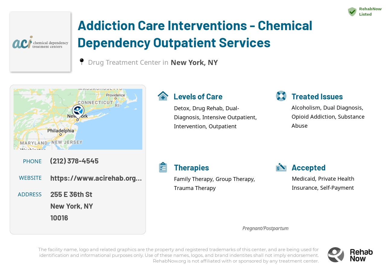 Helpful reference information for Addiction Care Interventions - Chemical Dependency Outpatient Services, a drug treatment center in New York located at: 255 E 36th St, New York, NY 10016, including phone numbers, official website, and more. Listed briefly is an overview of Levels of Care, Therapies Offered, Issues Treated, and accepted forms of Payment Methods.