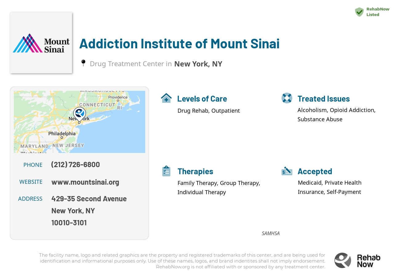 Helpful reference information for Addiction Institute of Mount Sinai, a drug treatment center in New York located at: 429-35 Second Avenue, New York, NY, 10010-3101, including phone numbers, official website, and more. Listed briefly is an overview of Levels of Care, Therapies Offered, Issues Treated, and accepted forms of Payment Methods.