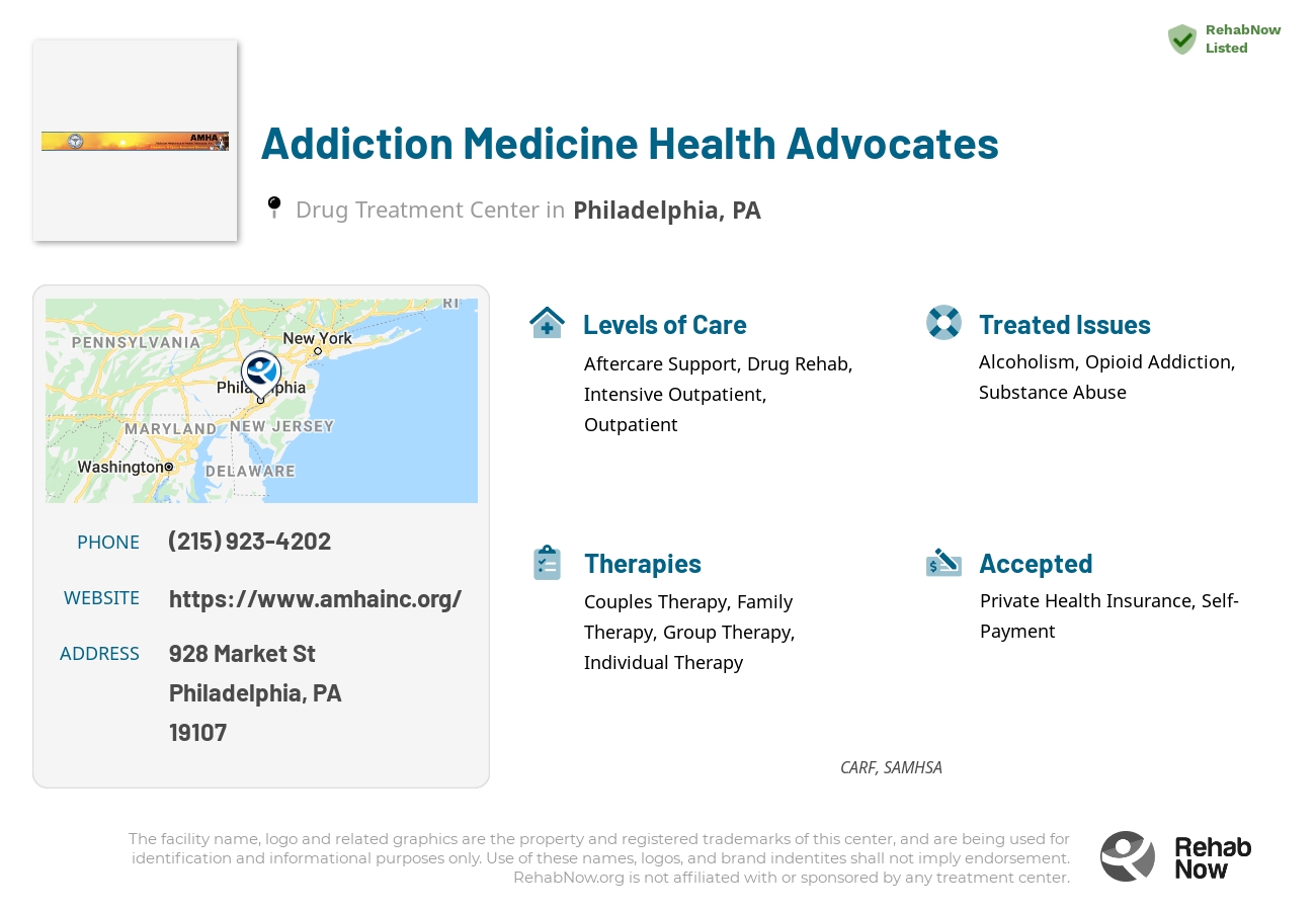 Helpful reference information for Addiction Medicine Health Advocates, a drug treatment center in Pennsylvania located at: 928 Market St, Philadelphia, PA 19107, including phone numbers, official website, and more. Listed briefly is an overview of Levels of Care, Therapies Offered, Issues Treated, and accepted forms of Payment Methods.