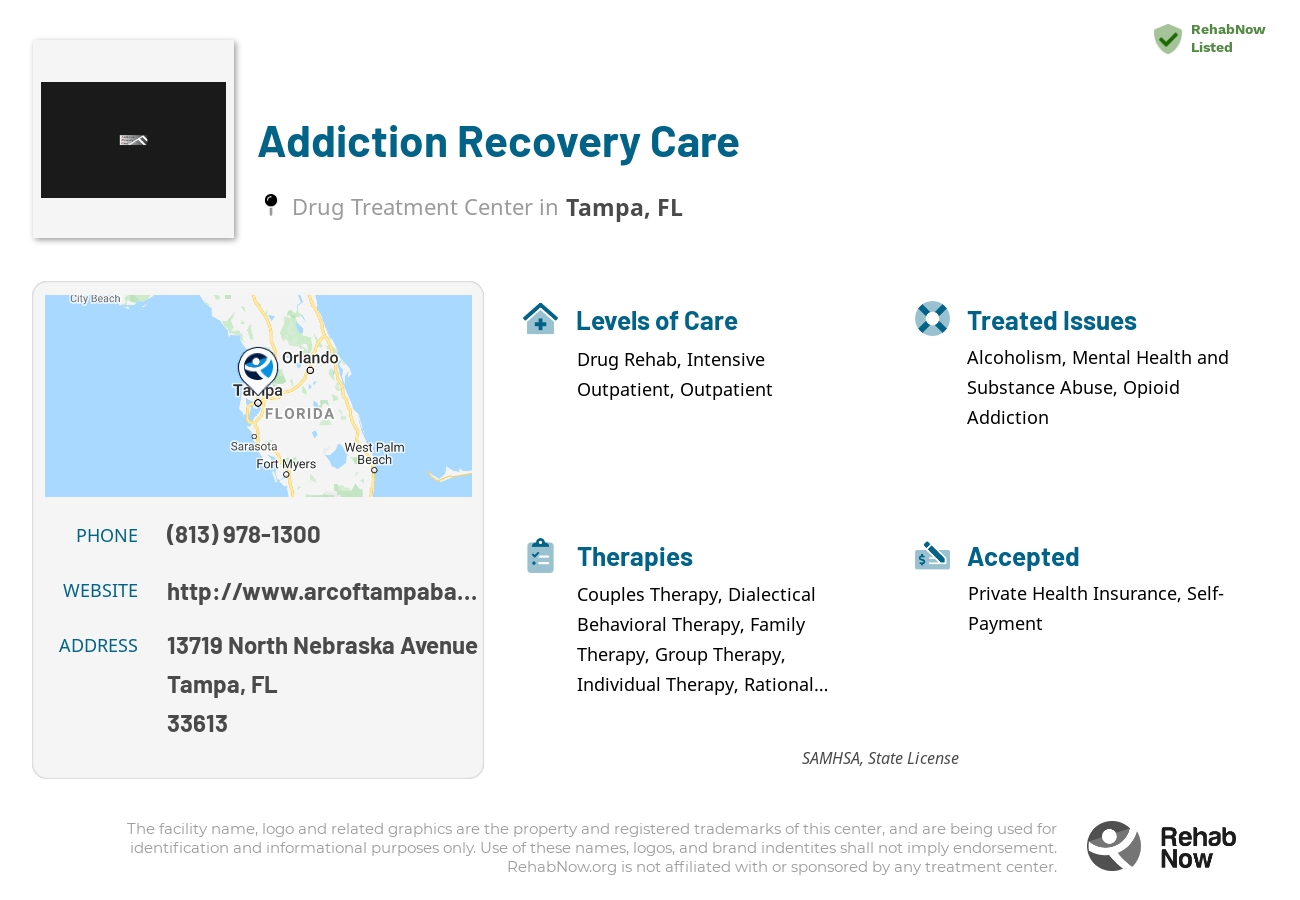 Helpful reference information for Addiction Recovery Care, a drug treatment center in Florida located at: 13719 North Nebraska Avenue, Tampa, FL, 33613, including phone numbers, official website, and more. Listed briefly is an overview of Levels of Care, Therapies Offered, Issues Treated, and accepted forms of Payment Methods.