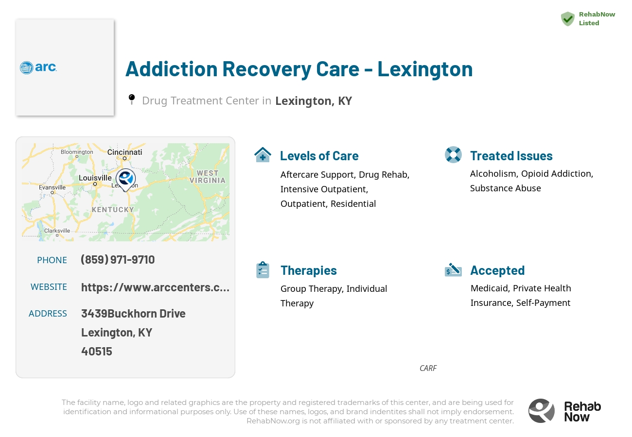 Helpful reference information for Addiction Recovery Care - Lexington, a drug treatment center in Kentucky located at: 3439Buckhorn Drive, Lexington, KY, 40515, including phone numbers, official website, and more. Listed briefly is an overview of Levels of Care, Therapies Offered, Issues Treated, and accepted forms of Payment Methods.