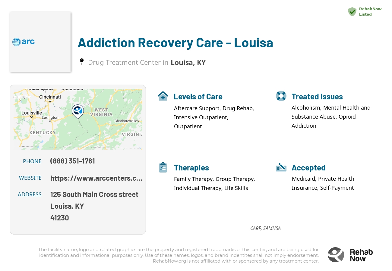 Helpful reference information for Addiction Recovery Care - Louisa, a drug treatment center in Kentucky located at: 125 South Main Cross street, Louisa, KY, 41230, including phone numbers, official website, and more. Listed briefly is an overview of Levels of Care, Therapies Offered, Issues Treated, and accepted forms of Payment Methods.