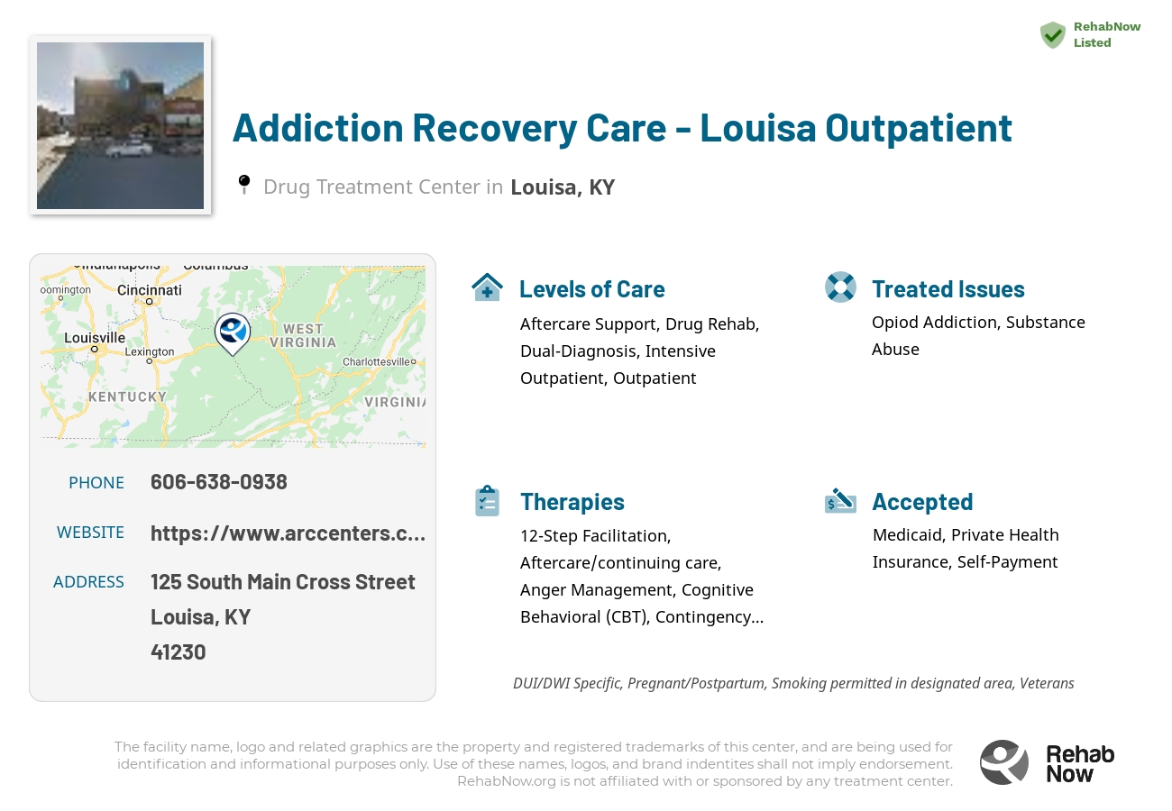 Helpful reference information for Addiction Recovery Care - Louisa Outpatient, a drug treatment center in Kentucky located at: 125 South Main Cross Street, Louisa, KY 41230, including phone numbers, official website, and more. Listed briefly is an overview of Levels of Care, Therapies Offered, Issues Treated, and accepted forms of Payment Methods.