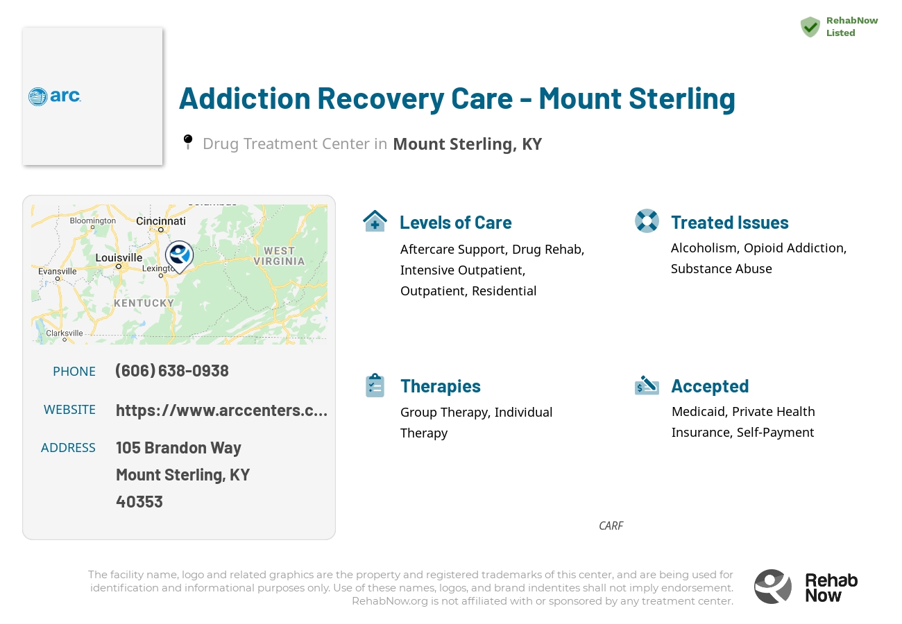 Helpful reference information for Addiction Recovery Care - Mount Sterling, a drug treatment center in Kentucky located at: 105 Brandon Way, Mount Sterling, KY, 40353, including phone numbers, official website, and more. Listed briefly is an overview of Levels of Care, Therapies Offered, Issues Treated, and accepted forms of Payment Methods.