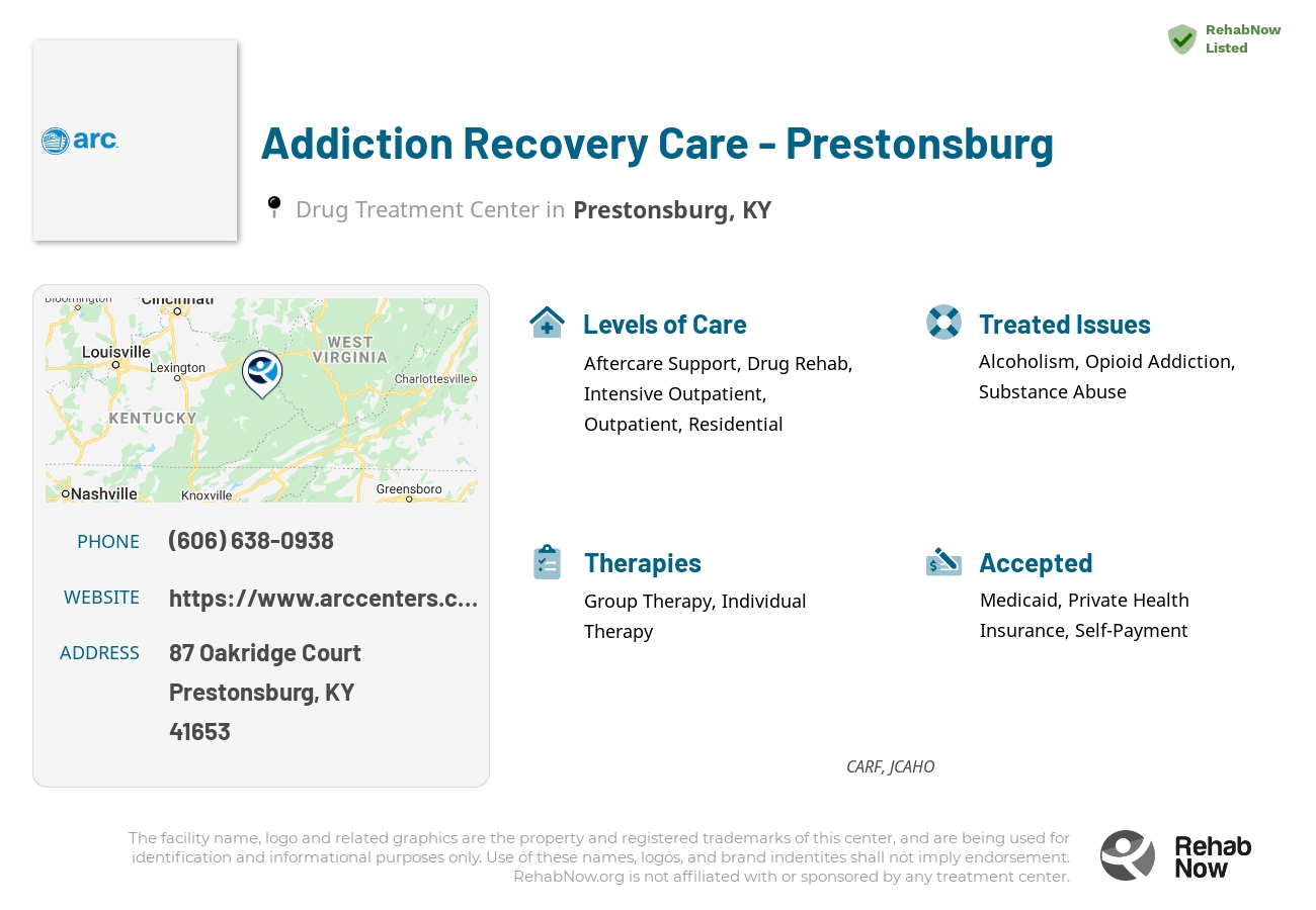 Helpful reference information for Addiction Recovery Care - Prestonsburg, a drug treatment center in Kentucky located at: 87 Oakridge Court, Prestonsburg, KY, 41653, including phone numbers, official website, and more. Listed briefly is an overview of Levels of Care, Therapies Offered, Issues Treated, and accepted forms of Payment Methods.