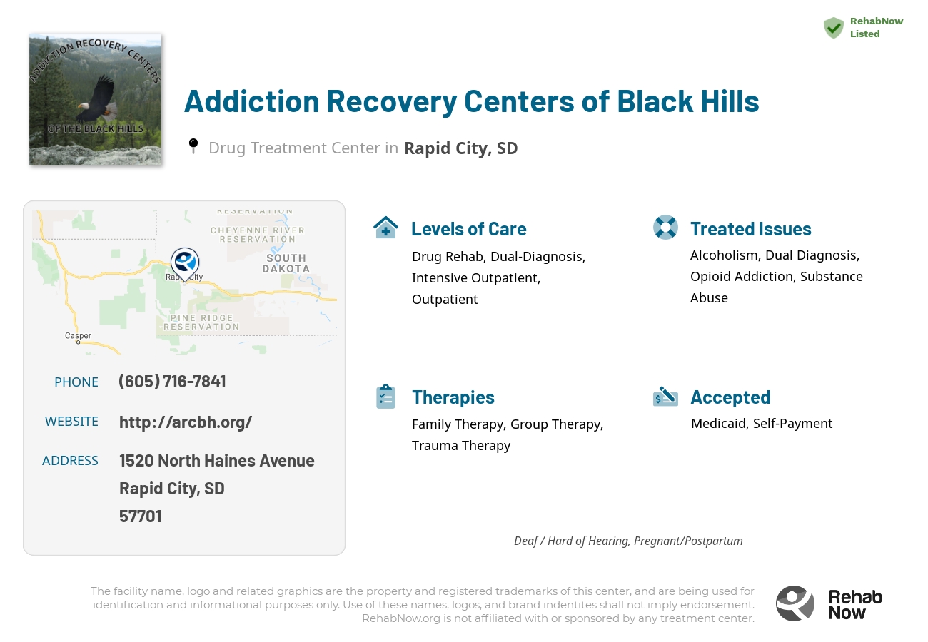 Helpful reference information for Addiction Recovery Centers of Black Hills, a drug treatment center in South Dakota located at: 1520 1520 North Haines Avenue, Rapid City, SD 57701, including phone numbers, official website, and more. Listed briefly is an overview of Levels of Care, Therapies Offered, Issues Treated, and accepted forms of Payment Methods.