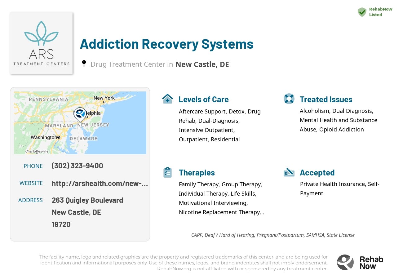 Helpful reference information for Addiction Recovery Systems, a drug treatment center in Delaware located at: 263 Quigley Boulevard, New Castle, DE, 19720, including phone numbers, official website, and more. Listed briefly is an overview of Levels of Care, Therapies Offered, Issues Treated, and accepted forms of Payment Methods.