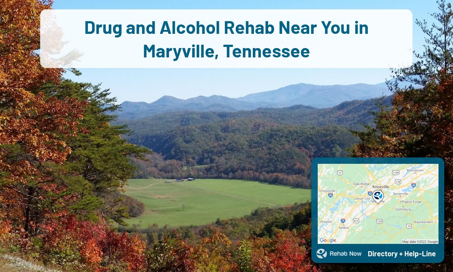 List of alcohol and drug treatment centers near you in Maryville, Tennessee. Research certifications, programs, methods, pricing, and more.