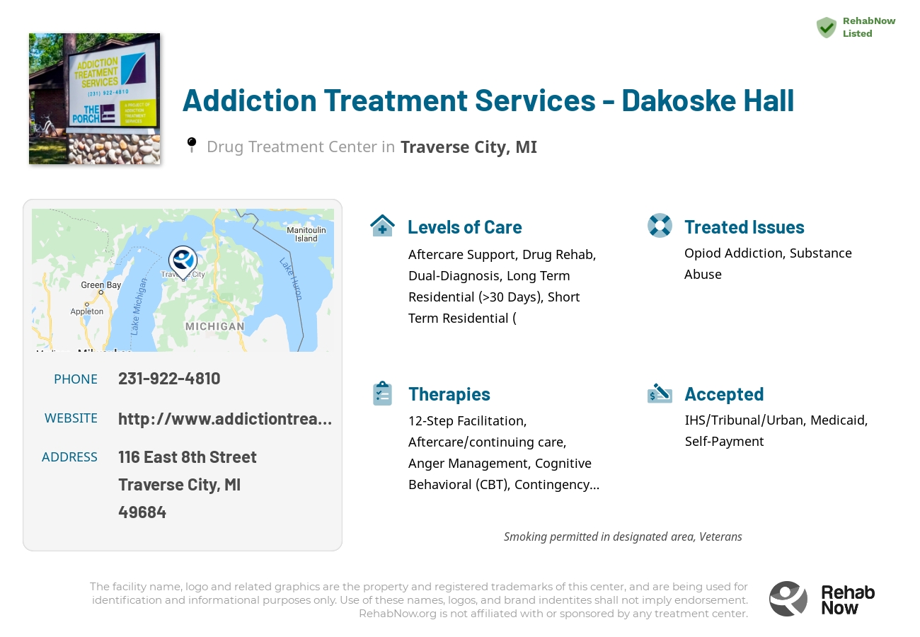 Helpful reference information for Addiction Treatment Services - Dakoske Hall, a drug treatment center in Michigan located at: 116 East 8th Street, Traverse City, MI 49684, including phone numbers, official website, and more. Listed briefly is an overview of Levels of Care, Therapies Offered, Issues Treated, and accepted forms of Payment Methods.
