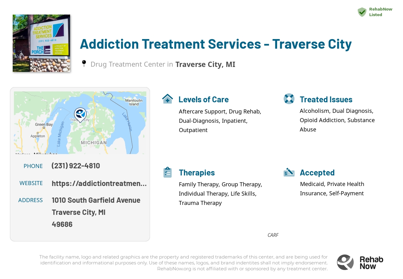 Helpful reference information for Addiction Treatment Services - Traverse City, a drug treatment center in Michigan located at: 1010 1010 South Garfield Avenue, Traverse City, MI 49686, including phone numbers, official website, and more. Listed briefly is an overview of Levels of Care, Therapies Offered, Issues Treated, and accepted forms of Payment Methods.