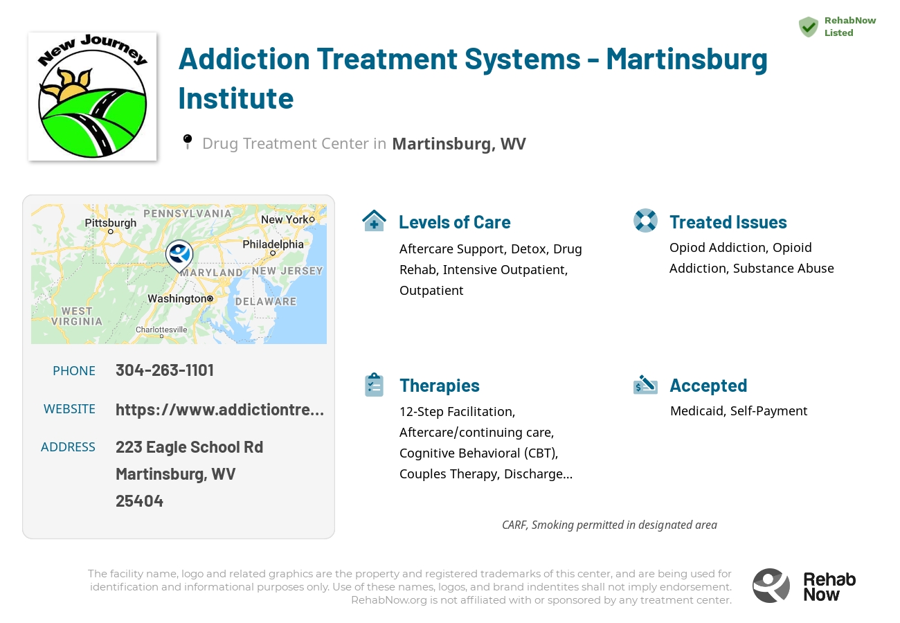 Helpful reference information for Addiction Treatment Systems - Martinsburg Institute, a drug treatment center in West Virginia located at: 223 Eagle School Rd, Martinsburg, WV 25404, including phone numbers, official website, and more. Listed briefly is an overview of Levels of Care, Therapies Offered, Issues Treated, and accepted forms of Payment Methods.