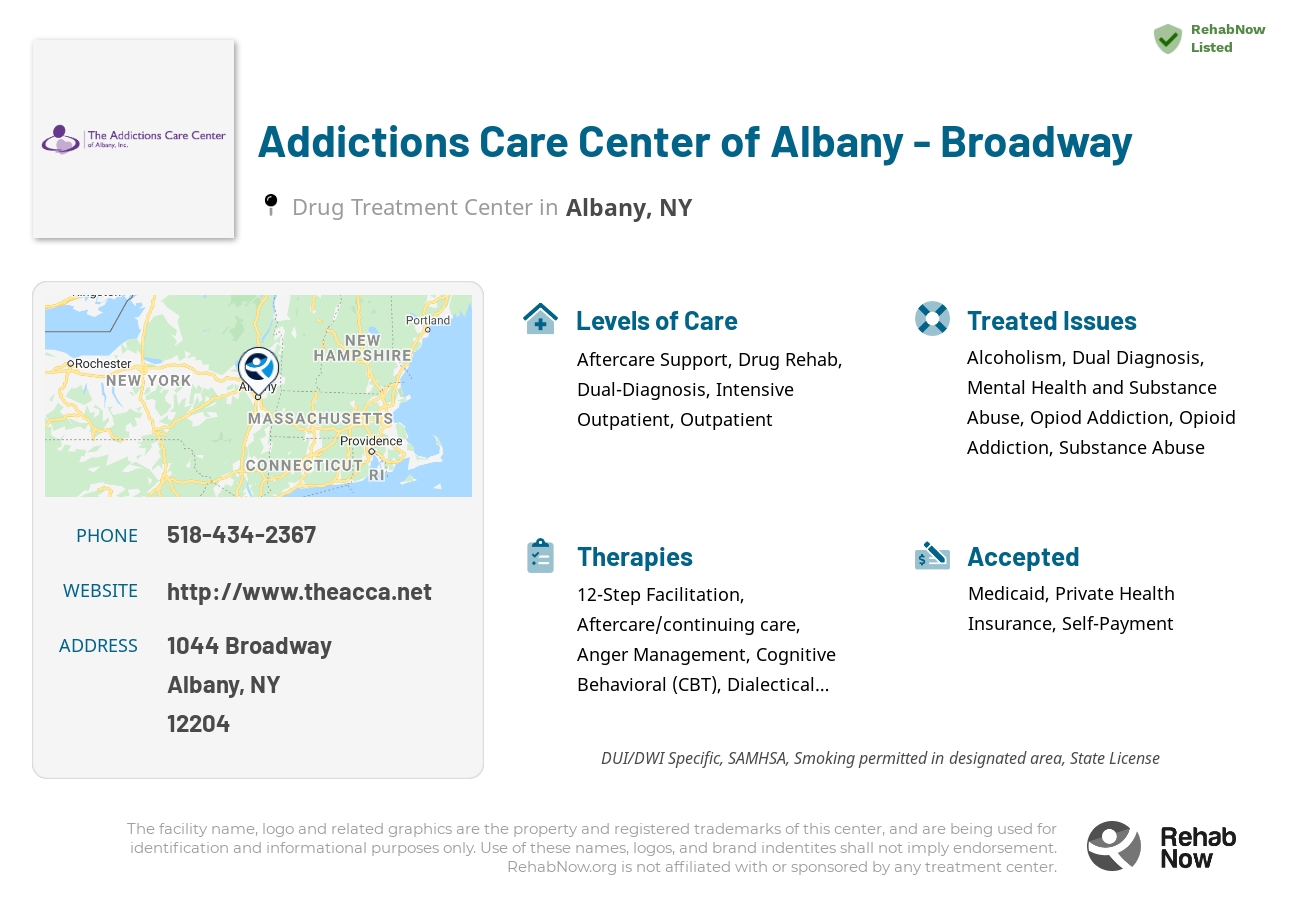 Helpful reference information for Addictions Care Center of Albany - Broadway, a drug treatment center in New York located at: 1044 Broadway, Albany, NY 12204, including phone numbers, official website, and more. Listed briefly is an overview of Levels of Care, Therapies Offered, Issues Treated, and accepted forms of Payment Methods.