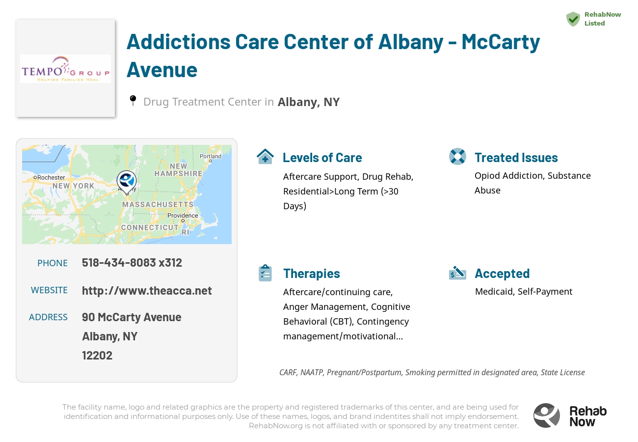 Helpful reference information for Addictions Care Center of Albany - McCarty Avenue, a drug treatment center in New York located at: 90 McCarty Avenue, Albany, NY 12202, including phone numbers, official website, and more. Listed briefly is an overview of Levels of Care, Therapies Offered, Issues Treated, and accepted forms of Payment Methods.