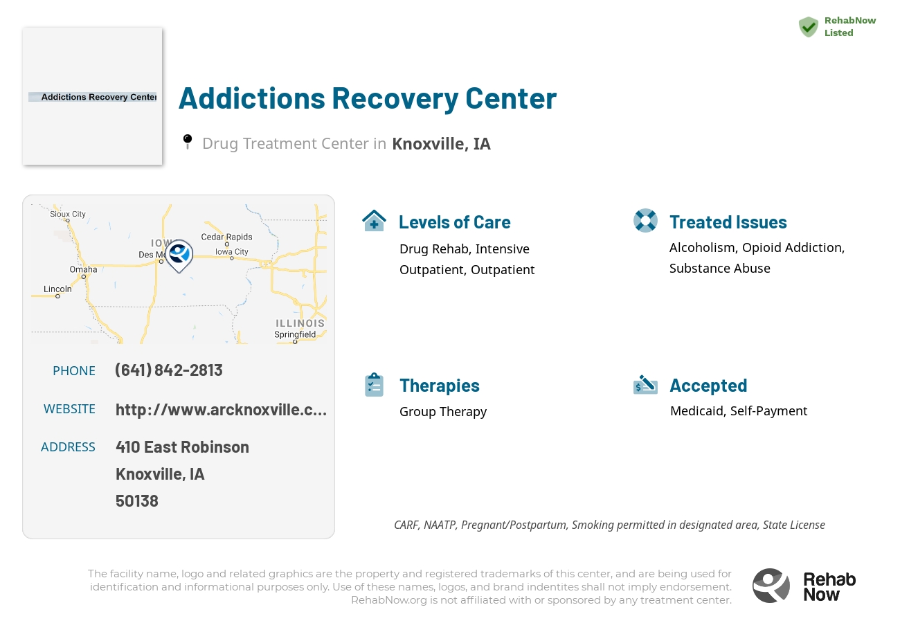 Helpful reference information for Addictions Recovery Center, a drug treatment center in Iowa located at: 410 East Robinson, Knoxville, IA, 50138, including phone numbers, official website, and more. Listed briefly is an overview of Levels of Care, Therapies Offered, Issues Treated, and accepted forms of Payment Methods.